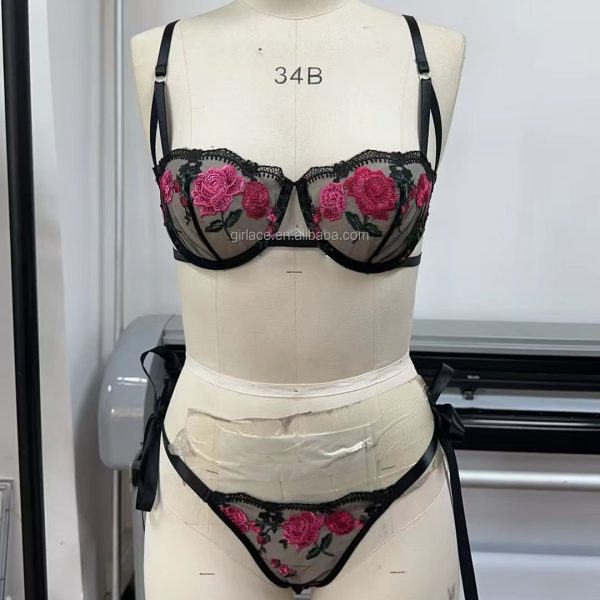 Hot-Selling Sexy Low-Rise Bra Set and Panties Outfit Rose Print Strap Tie-Up Solid Pattern Uniform