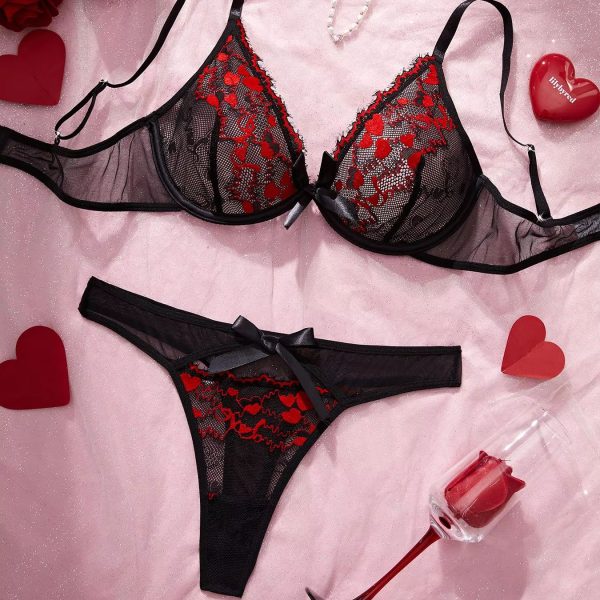 Women's Sexy Lingerie with Lace Trim Heart Embroidery Sheer Bow Design Logo at Waist-Seductive Sexy
