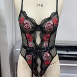Black Red Jumpsuit with Floral Embroidery Lace Trim Color Block Strap Design Sexy Style Logo Positioned at Waist