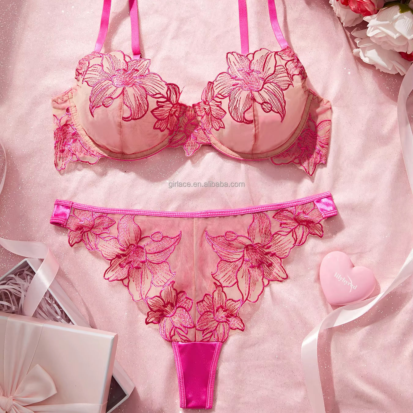 main_pic_0-640 European and American Floral Embroidery Sexy Lingerie Set Strapless Bra with Lace and Jersey Fabric Pure Desire ODM Supply - 图片 1