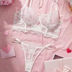 Women's Sexy Lace Eyelash Lingerie Set Beautiful Thin Solid Pattern Body-Shaping Vest-Bra Panty Logo on Waist