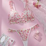 Pink Single Layer Transparent Bra Set with Small Floral Design Lace Trim Sexy Three-Point & Floral Low-Waist Panties Logo Waist