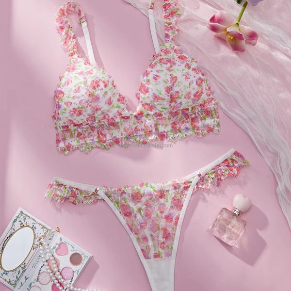 Pink Single Layer Transparent Bra Set with Small Floral Design Lace Trim Sexy Three-Point & Floral Low-Waist Panties Logo Waist
