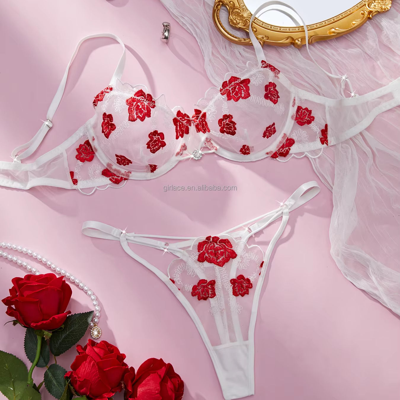 main_pic_0-648 Wholesale Young Lady Fancy Push up Embroidered See Through Bra Top Sexy Bandage Erotica Bra Panty Set - 图片 1