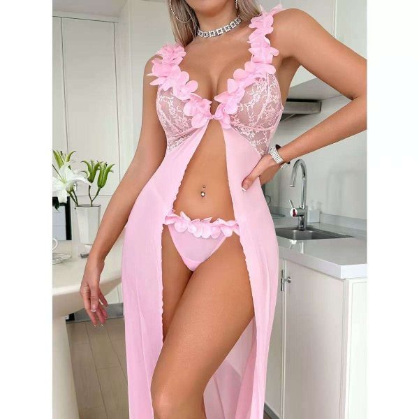Women's Pink Lace Embroidery Erotic Nightwear Sexy Split See-Through Camisole Dress with Low-Rise Thong Two-Piece Set Waist Logo