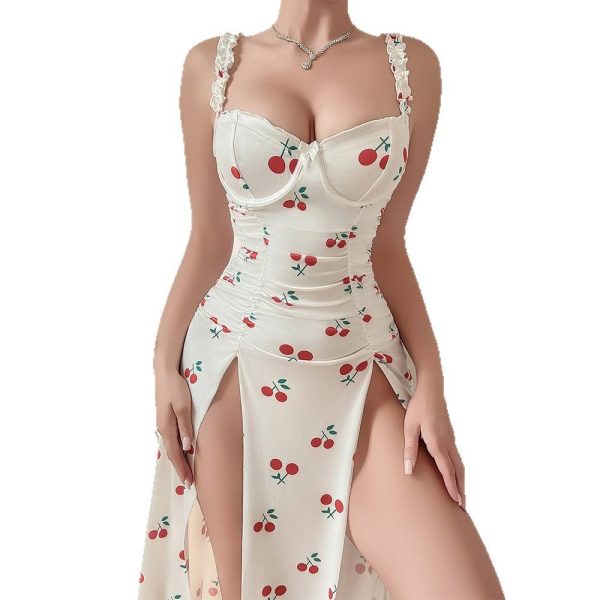 Women's Sexy Cherry Print Strap Dress Long Sleepwear with Thong Set Bra & Briefs
