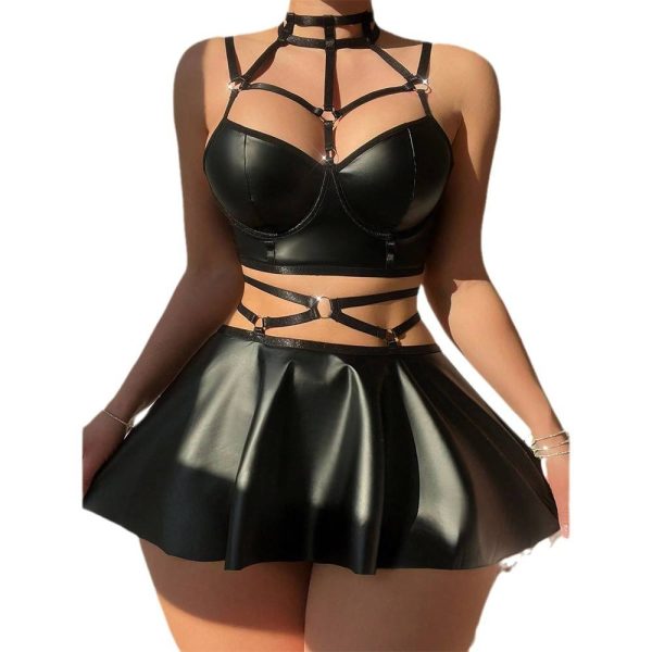 PU Leather Sexy Lingerie Set Breathable Passionate Temptation Uniform Lace Decoration Hot Selling for Amazon AliExpress Waist