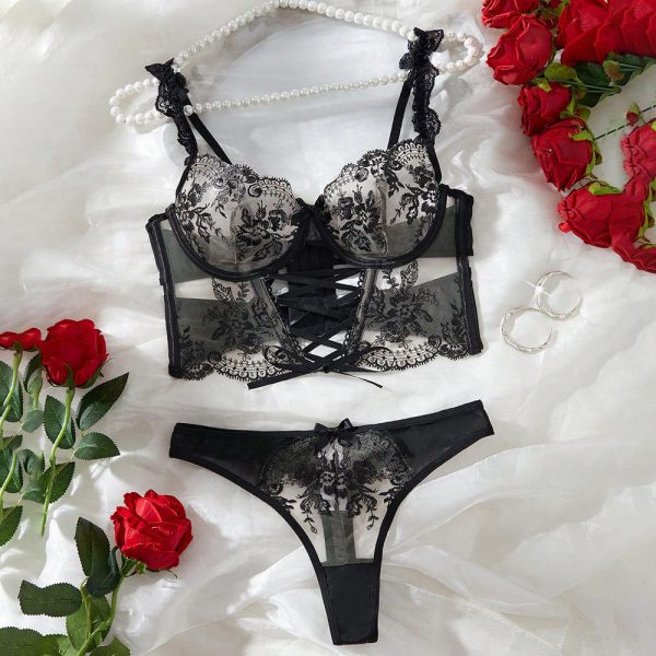 Women's Sexy Lingerie Lace See-through Embroidered Bra Thong Two-piece Set Passionate Sleepwear Hot Sale New Arrival