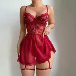 ODM One Size Floral Pattern Nightgown Thong Two-Piece Set Sexy Jersey Fabric Lace Perspective Teddies with Bow Hollow Ruffles