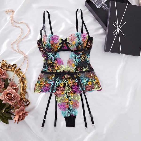 Wholesale Women Eyelash Black Lingerie Lace Sexy Bikini Three Piece Set Bra and Thongs Sets Sex Erotic Lingeries Set