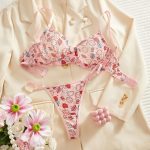 Women's Sexy Convertible Lace Bikini Set Three-Piece Erotic Lingerie with Logo Pattern Bra and Thongs for Summer