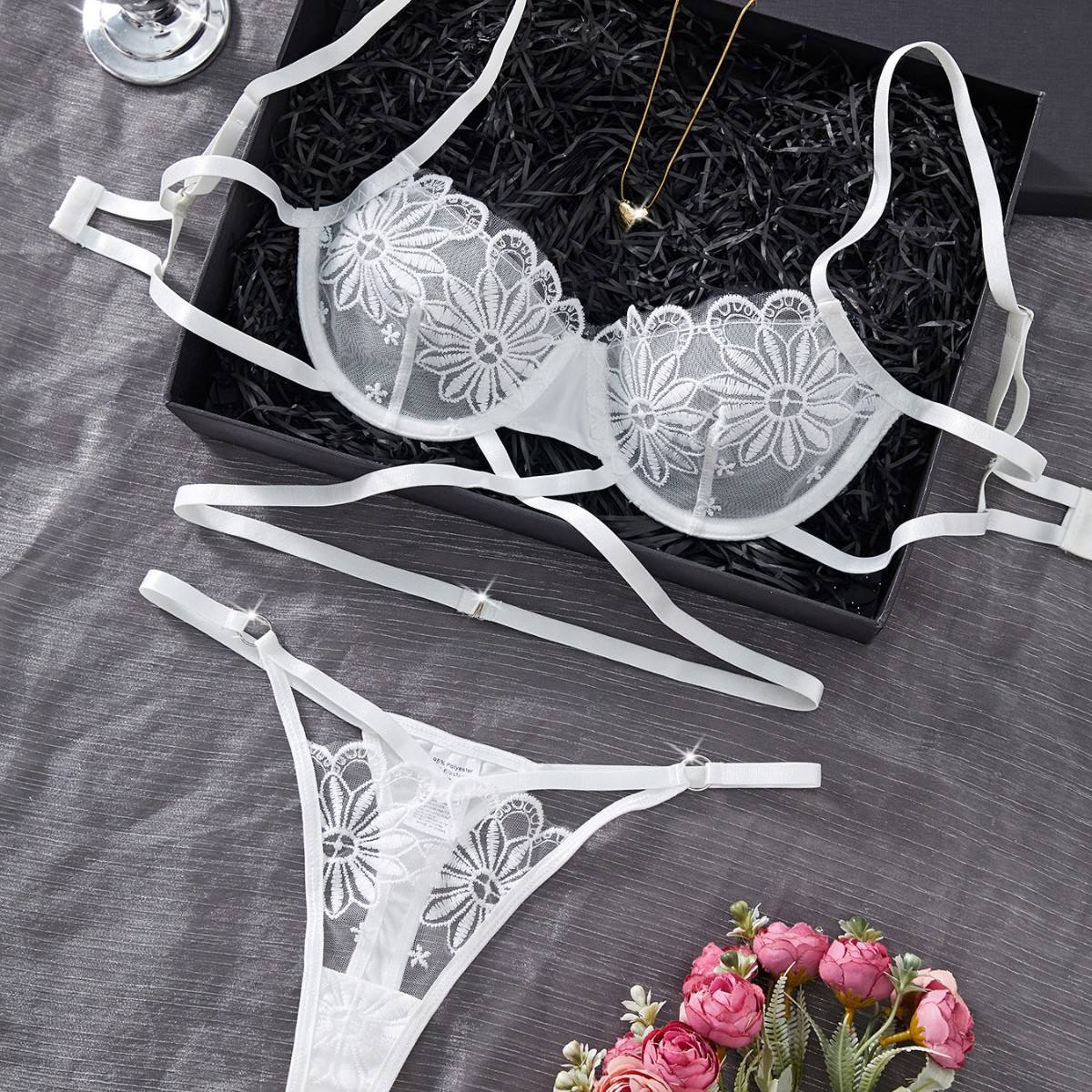 main_pic_0-729 Manufacturers Erotic Lingerie Set Sexy See-Through Pink Mesh Heart Embroidery Gathered Bra Set for Women Sexy Underwear Set - 图片 1