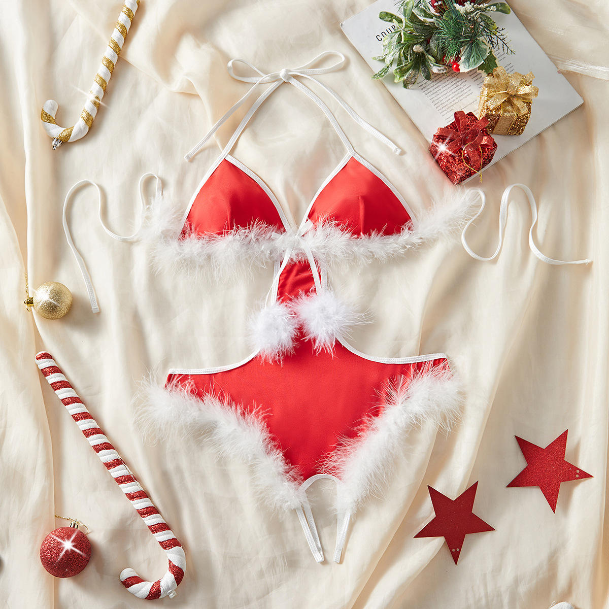 main_pic_0-732 New Romantic Women Solid Bra & Brief Set Lace Halter Cross Christmas Theme Women's Underwear Sexy Thin Bra and Lingerie Sets - 图片 1