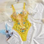 Women Underwear Floral Satin Lace Lingerie Set Sexy Push-up Bralette and Panty Perspective See-Through Slimming Jumpsuit