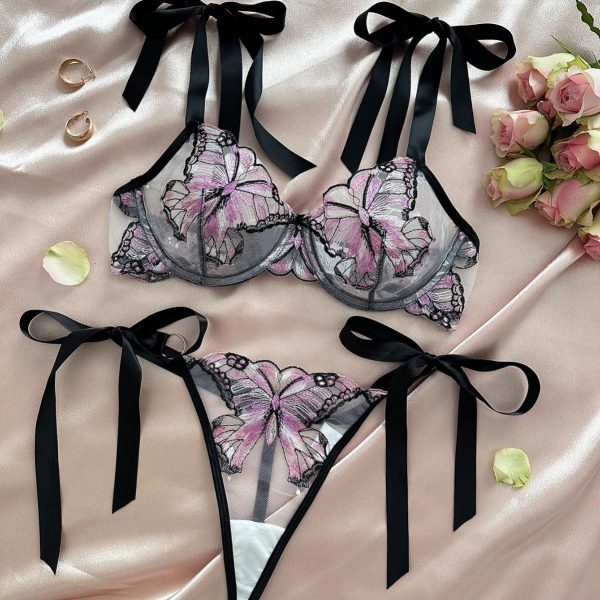 No Minimum Women Sexy Floral Satin Lace Lingerie Set Sexy Push-up Bralette and Panty Perspective See-Through Underwear Set