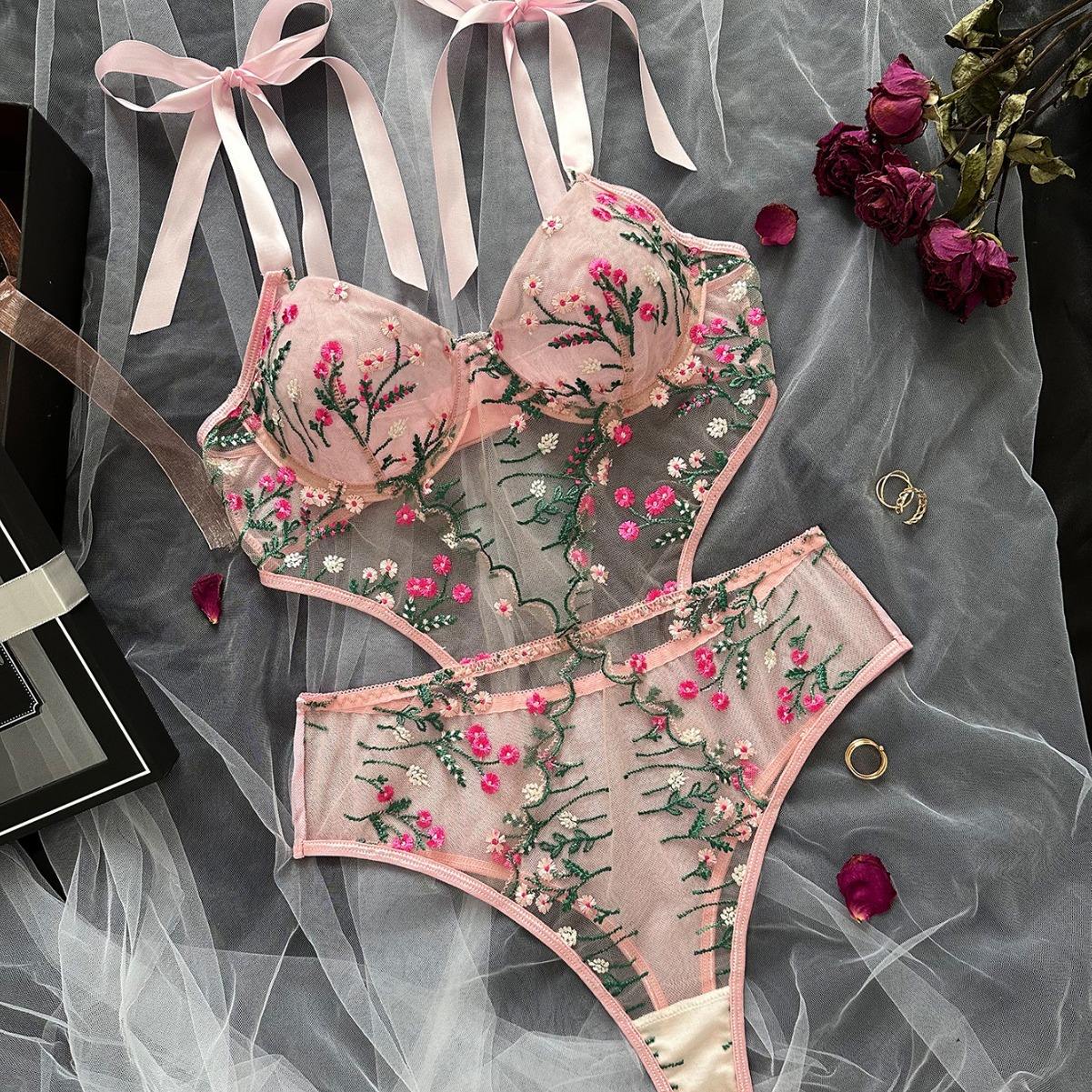 main_pic_0-751 New Design Women Sexy Floral Satin Lace Lingerie Set Sexy Push-up Bralette and Panty Perspective See-Through Underwear Set - 图片 1