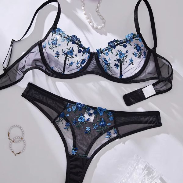 Valentine's Floral Charming Sexy Fancy Jersey Nighty for Ladies Women's Underwear Lace Embroidery Hollow Decoration Panty Set