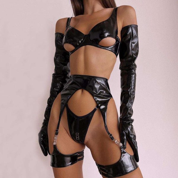 Affordable Sexy Satin Smooth Spaghetti Strap Lingerie Set Leather Bra Leather Panty Set