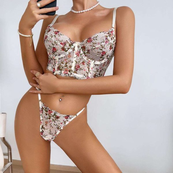 2025 New Sexy Mesh Embroidery and Hollowed-out Flower See-through Seductive and Sensual Lingerie Set