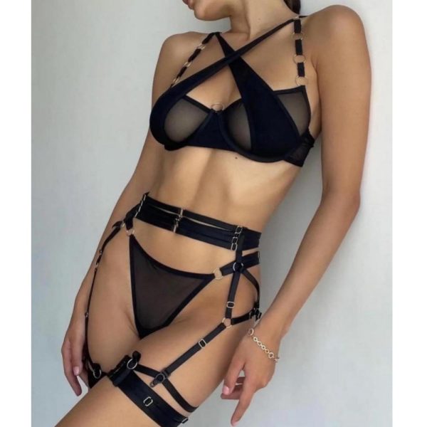 A Best-selling and Popular Adult Lingerie with a Cut-out Mesh Steel Ring, Halter Top and Ankle Straps, and a See-through Style