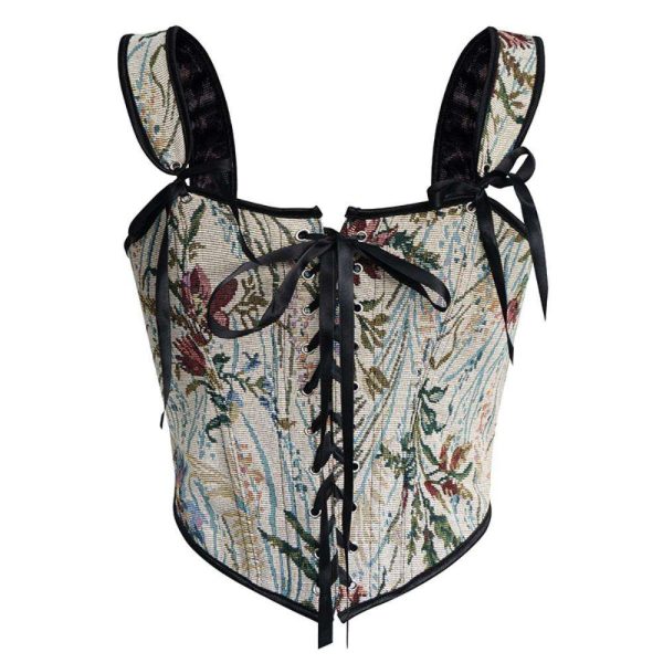 Best-selling Retro Printed Halter Top, European and American Court-style Floral Lace-up Fishbone Sexy Corset for Women