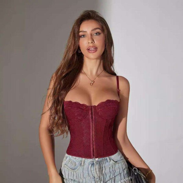 New Fishbone Sexy Halter Top for Spicy Girls, Front Row Buttoned Steel Ring Corset, Silk Lace Lace Lace Women's Corset