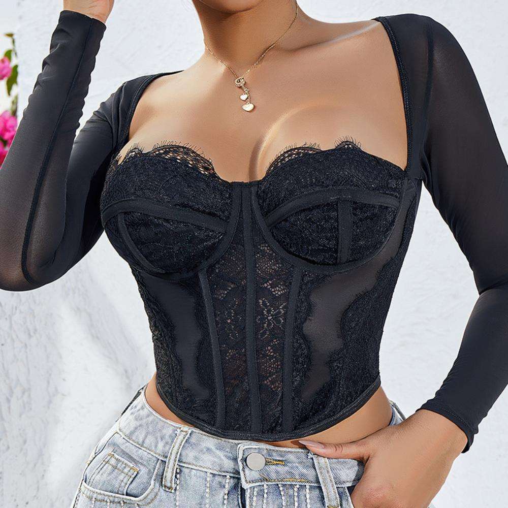main_pic_0-950 The Best-selling Fishbone Corset Is a Sexy Lace Mesh Long-sleeved Short Square-neck Outerwear for Women - 图片 1