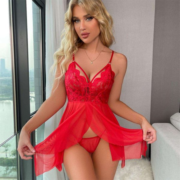 European and American Sexy and Romantic Underwear, Front-opening Skirt, Sexy Pajamas, Lace Patchwork, See-through Nightdress