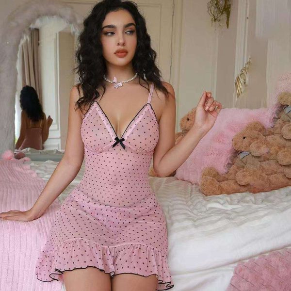 Sweet and Girlish Style, Light pink Halter Print Romantic Lingerie Dress, Slightly Transparent Mesh Romantic Set