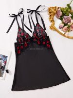 Seductive Black Babydoll with Red Lip Embroidery and Ribbon Straps Women's Sexy Night Dress Mini Nighty Wear Babydoll Lingerie - 图片 2