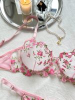 Romantic Pink Lace Bra and Thong Showcasing Vibrant Floral Details Floral Lace Babydoll Nightwear Erotic G-string Sleepwear Set - 图片 2