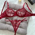 Wine Color Women 2 Piece Floral Sexy Embroidery Erotic Lingerie Underwear Set - 图片 2