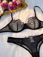 Black Transparent Women Underwire Push up Bra Thong Cute 3 Piece Lace Lingerie Set - 图片 2