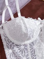 Trendy Stylish Romantic White Lace Padded Bralette for Women Longline Bustier Floral Mesh Lingerie - 图片 2