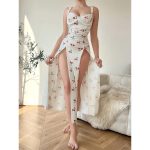 Women's Sexy Cherry Print Strap Dress Long Sleepwear with Thong Set Bra & Briefs - 图片 2