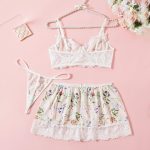 Hot-Selling Sexy Three-Piece Lingerie Set Floral Contrast Bra Low-Rise Short Skirt Thong Lace Trim Push-Up Playful Cute Style - 图片 2