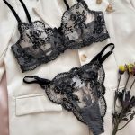 Women's Black Eyelash Lace Sexy Bikini Three-Piece Set XL Floral Bra and Thongs Breathable Adjustable Straps Erotic Lingerie - 图片 2