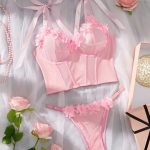 Women's Convertible Pink Lace Bikini Set Sexy Three-Piece Erotic Lingerie with Logo Pattern Bra and Thongs - 图片 2