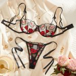 Professional Women's Sexy See-Through Pink Mesh Heart Embroidery Lingerie Set Lace Decorated Gathered Bra and Underwear Set - 图片 2