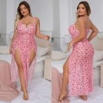 European and American Romantic Long Dress with Small Floral Prints, Sexy Slit, Hot and Seductive Romantic Halter Dress Set - 图片 3