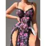 A Popular European and American Women's Seducting Floral Mesh Lace Double Slit Sexy See-through Pajama Dress Set - 图片 3