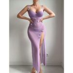 European and American Style Sexy See-through Mesh Fabric Seductive Lace Backless High Slit Light Blue Romantic Halter Dress - 图片 3