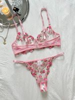 Romantic Pink Lace Bra and Thong Showcasing Vibrant Floral Details Floral Lace Babydoll Nightwear Erotic G-string Sleepwear Set - 图片 3