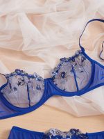 Female Embroidered Mesh Underwire Lenceria Blue Sexy Underwear Bra & Brief Conjuntos Lingerie Bralete Sets - 图片 3