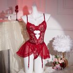 Womens Lingerie Red Lace Trim Floral Embroidery Sexy Lingerie Lace Sheer Waist-Cinching Bodysuit Waist Belt Lingerie Set - 图片 3
