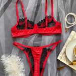 Women's Sexy Convertible Logo Pattern Black Lace Bikini Set Three Piece Including Bra Thongs Eyelash Erotic Lingerie for Summer - 图片 3