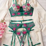 Women's Black Lace Three-Piece Sexy Bikini Set XL Cup Bra Thongs Floral Pattern Breathable Adjustable Erotic Lingerie Bow Summer - 图片 3