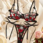 Professional Women's Sexy See-Through Pink Mesh Heart Embroidery Lingerie Set Lace Decorated Gathered Bra and Underwear Set - 图片 3