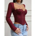 The Best-selling Fishbone Corset Is a Sexy Lace Mesh Long-sleeved Short Square-neck Outerwear for Women - 图片 3