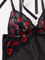 Seductive Black Babydoll with Red Lip Embroidery and Ribbon Straps Women's Sexy Night Dress Mini Nighty Wear Babydoll Lingerie - 图片 4